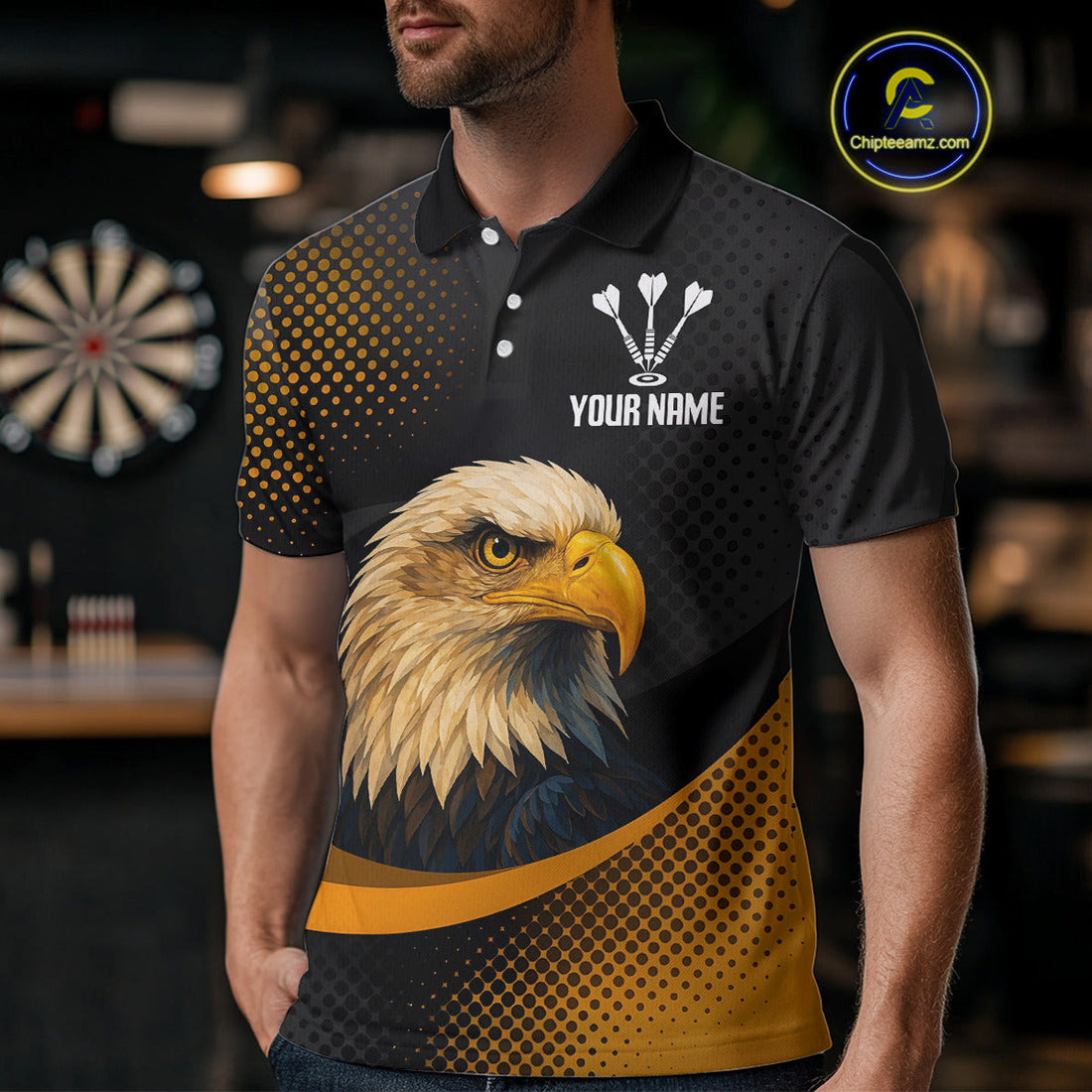 Custom Mens Darts, Pearl Eagle With Yellow Halftone And Smoky Dartboard NYN0302