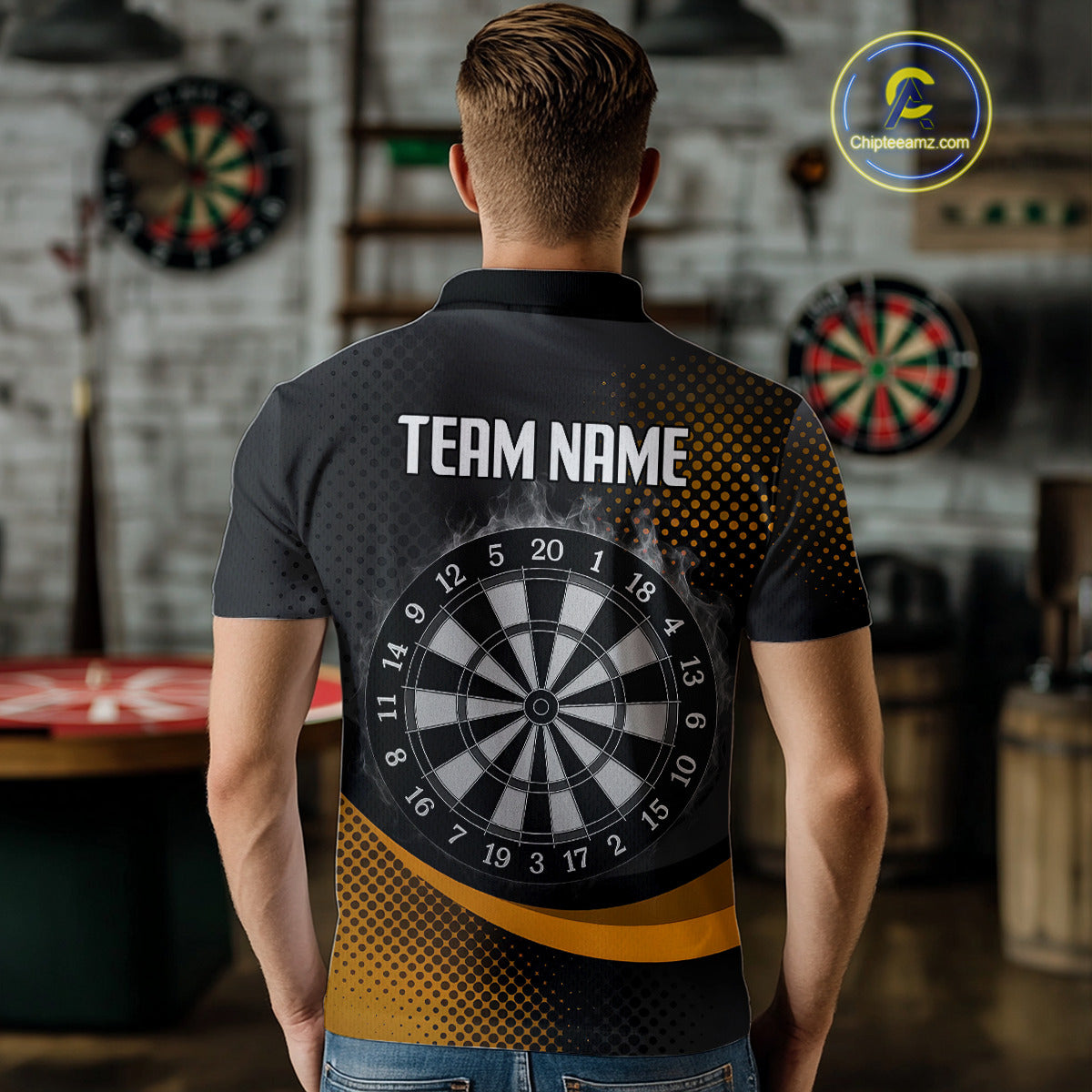Custom Mens Darts, Pearl Eagle With Yellow Halftone And Smoky Dartboard NYN0302