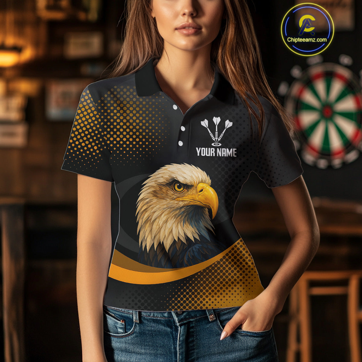 Custom Mens Darts, Pearl Eagle With Yellow Halftone And Smoky Dartboard NYN0302