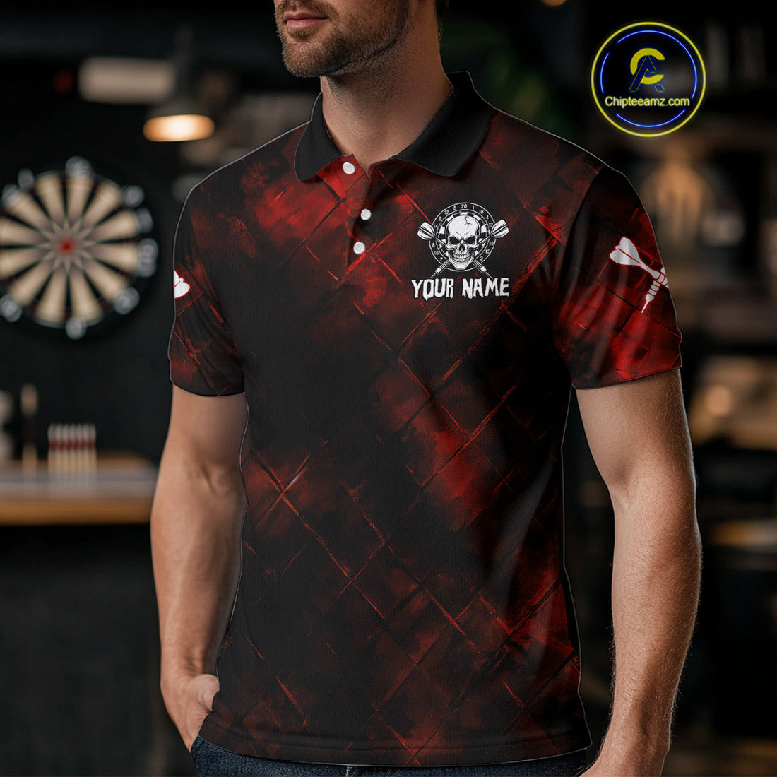 Men's Custom Darts Team - Skull and Dartboard Graphic With Grunge Red Pattern NYN0320