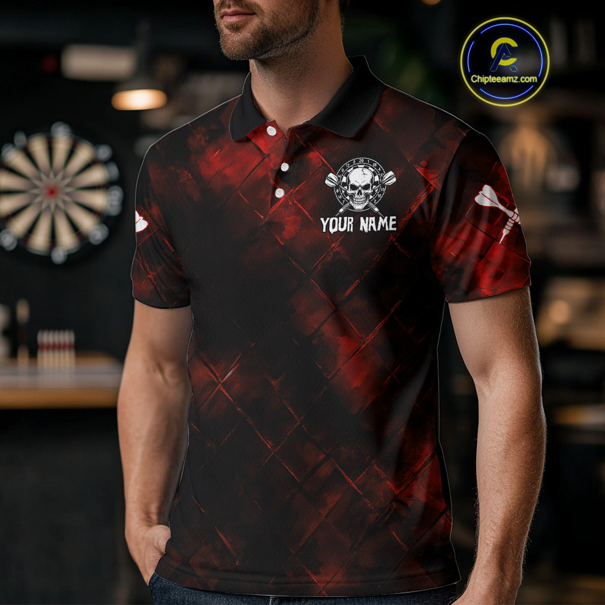 Men's Custom Darts Team - Skull and Dartboard Graphic With Grunge Red Pattern NYN0320