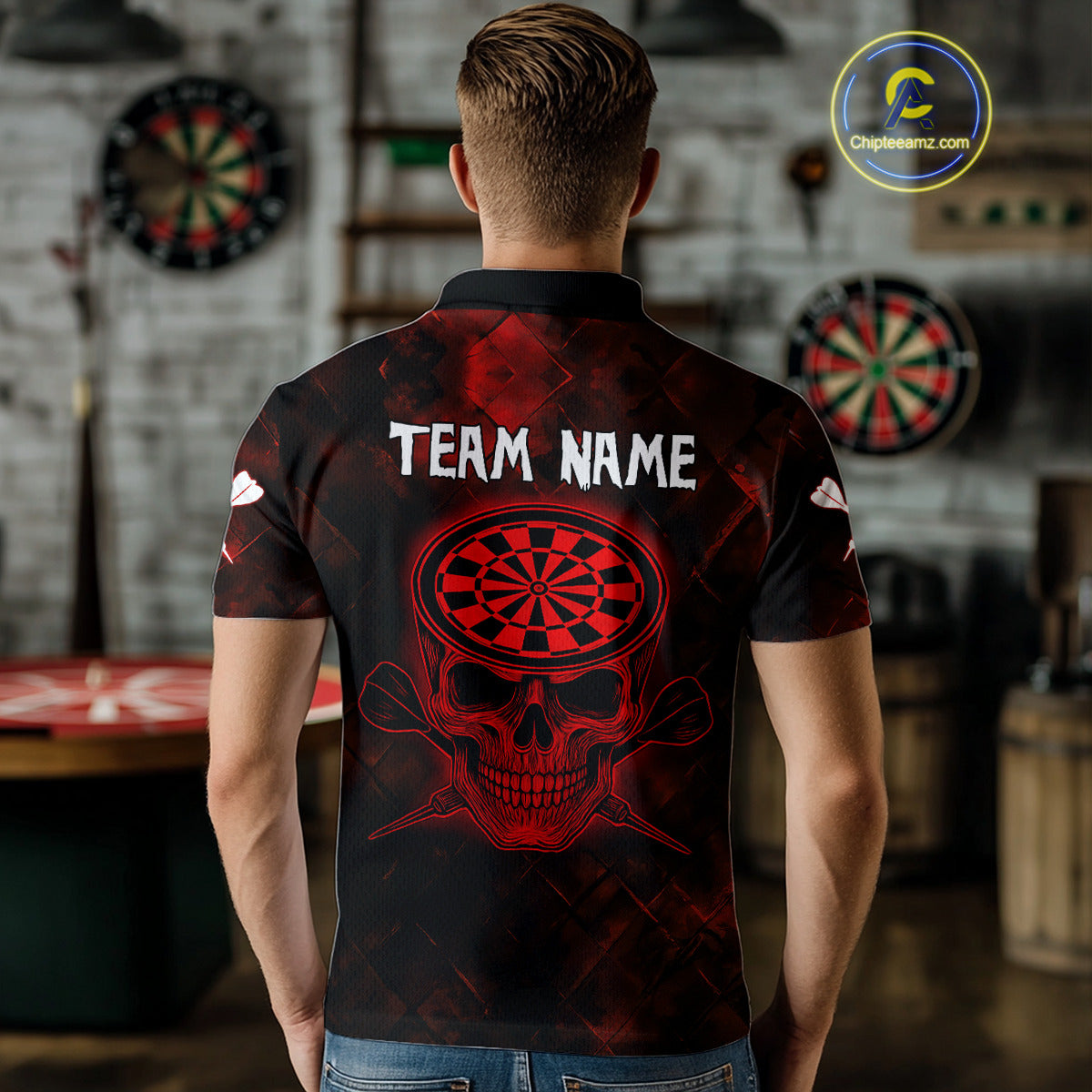 Men's Custom Darts Team - Skull and Dartboard Graphic With Grunge Red Pattern NYN0320