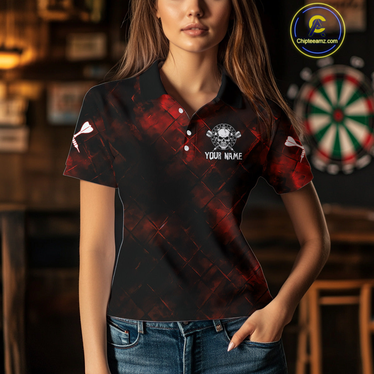Men's Custom Darts Team - Skull and Dartboard Graphic With Grunge Red Pattern NYN0320