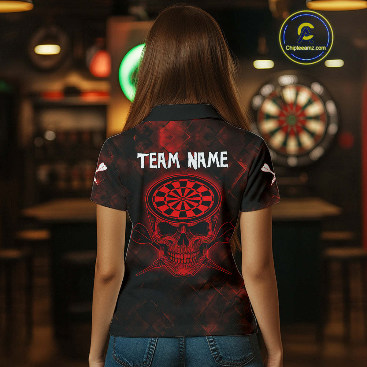 Men's Custom Darts Team - Skull and Dartboard Graphic With Grunge Red Pattern NYN0320