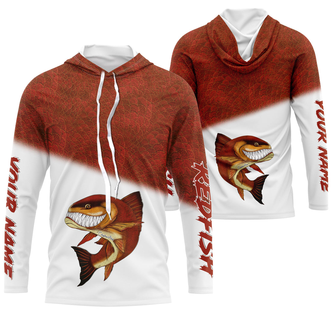 Redfish fishing custom name with angry Redfish ChipteeAmz's art UV protection AT007