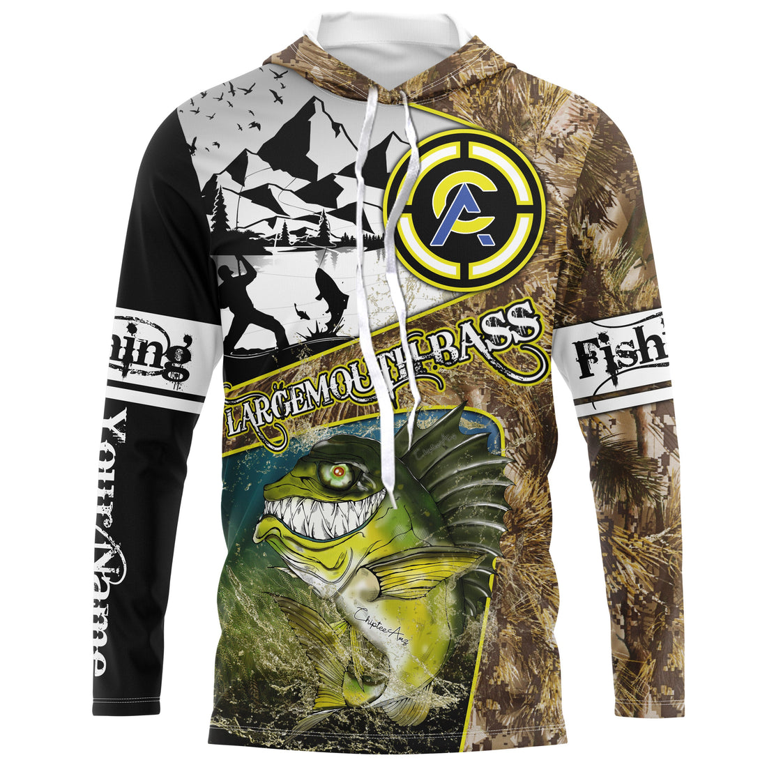 Largemouth Bass fishing camo custom name with funny Bass angry ChipteeAmz's art UV protection AT017