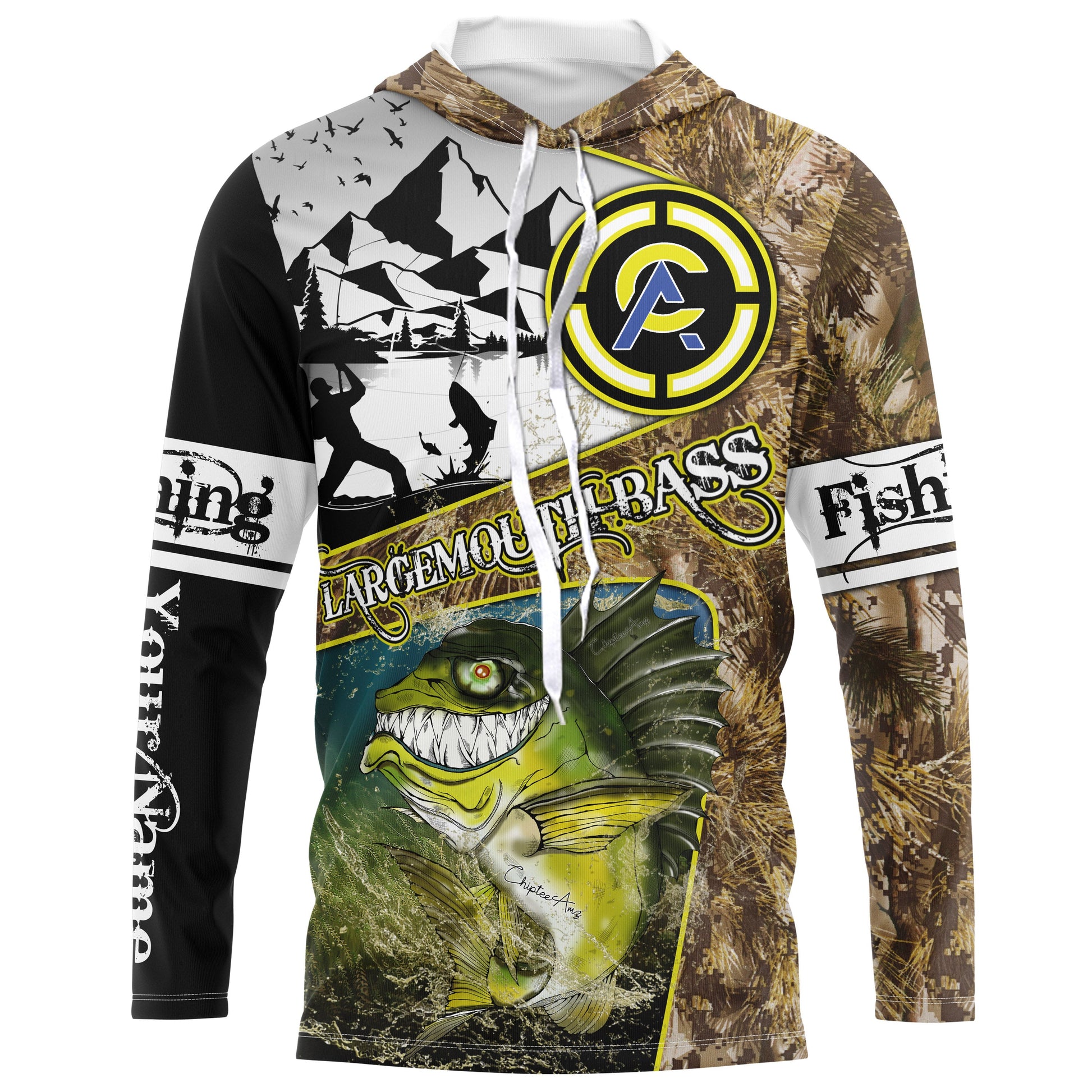 Largemouth Bass fishing camo custom name with funny Bass angry ChipteeAmz's art UV protection AT017