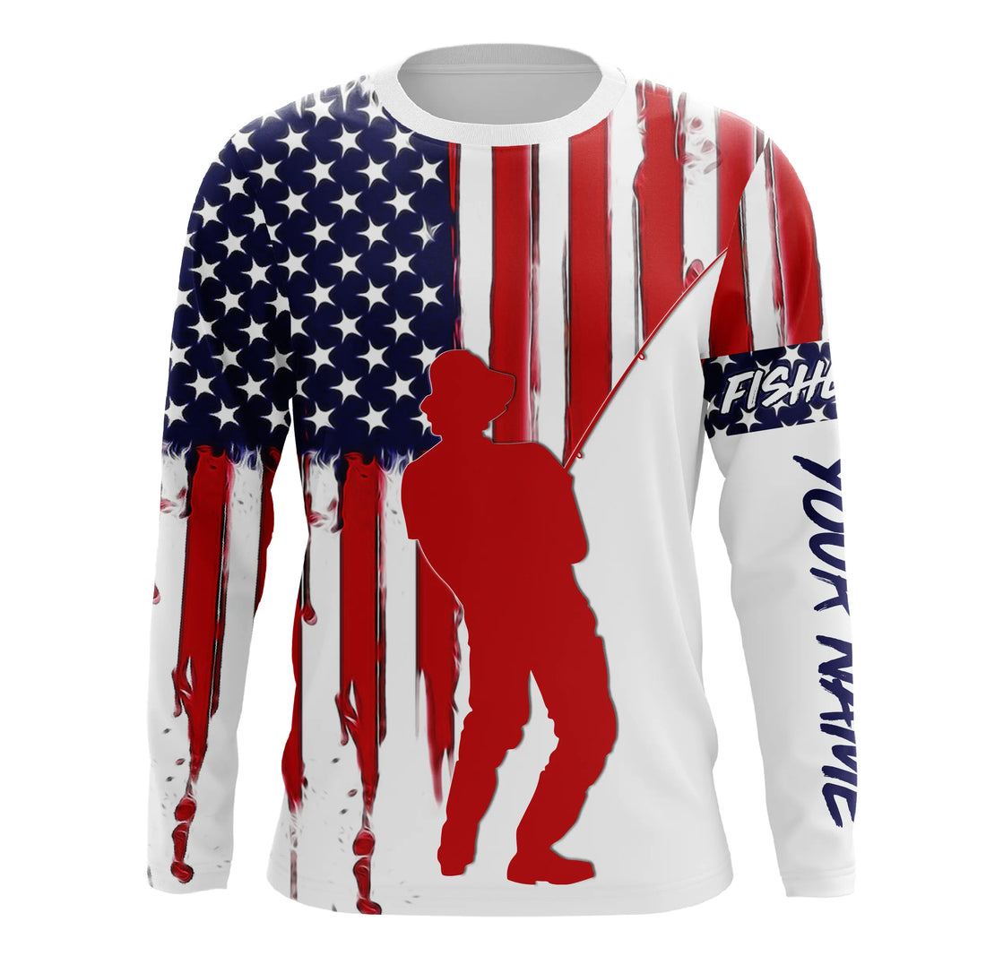American Flag Fisherman Performance Custom Name Long Sleeves Patriotic Fishing TTN126
