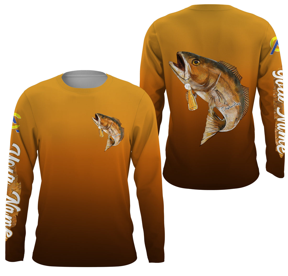 Redfish fishing custom name with Redfish drinking beer ChipteeAmz's art UV protection AT013