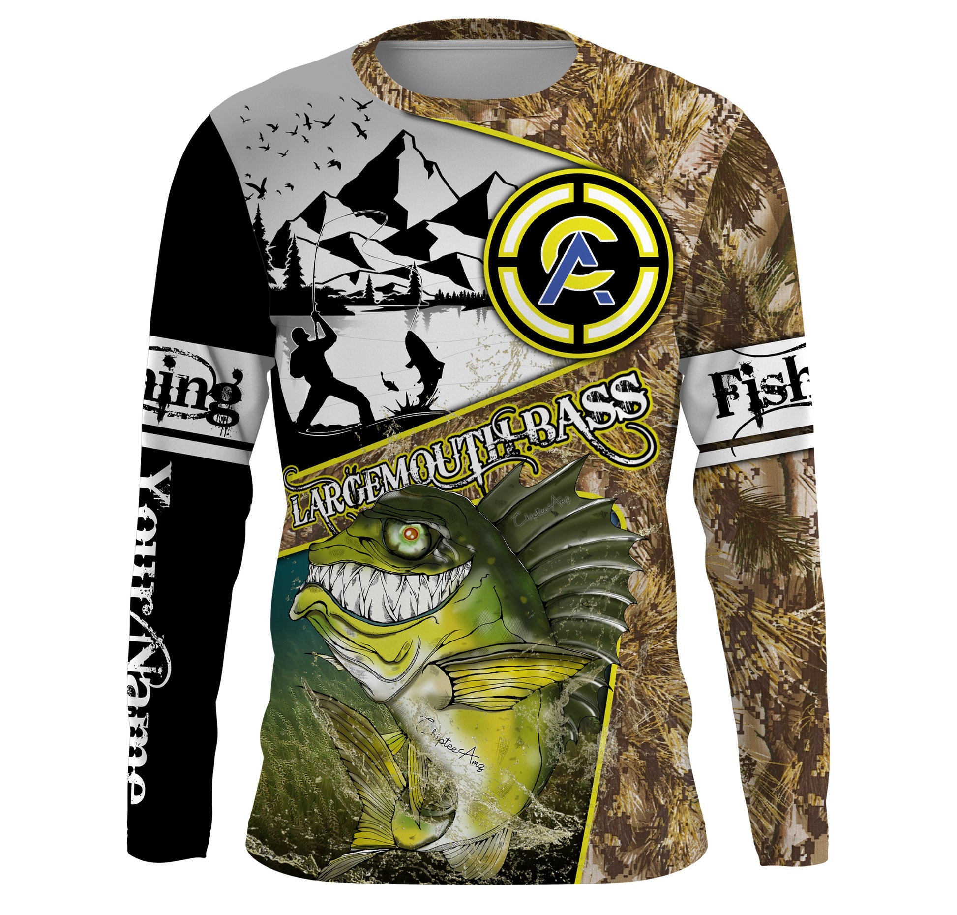 Largemouth Bass fishing camo custom name with funny Bass angry ChipteeAmz's art UV protection AT017