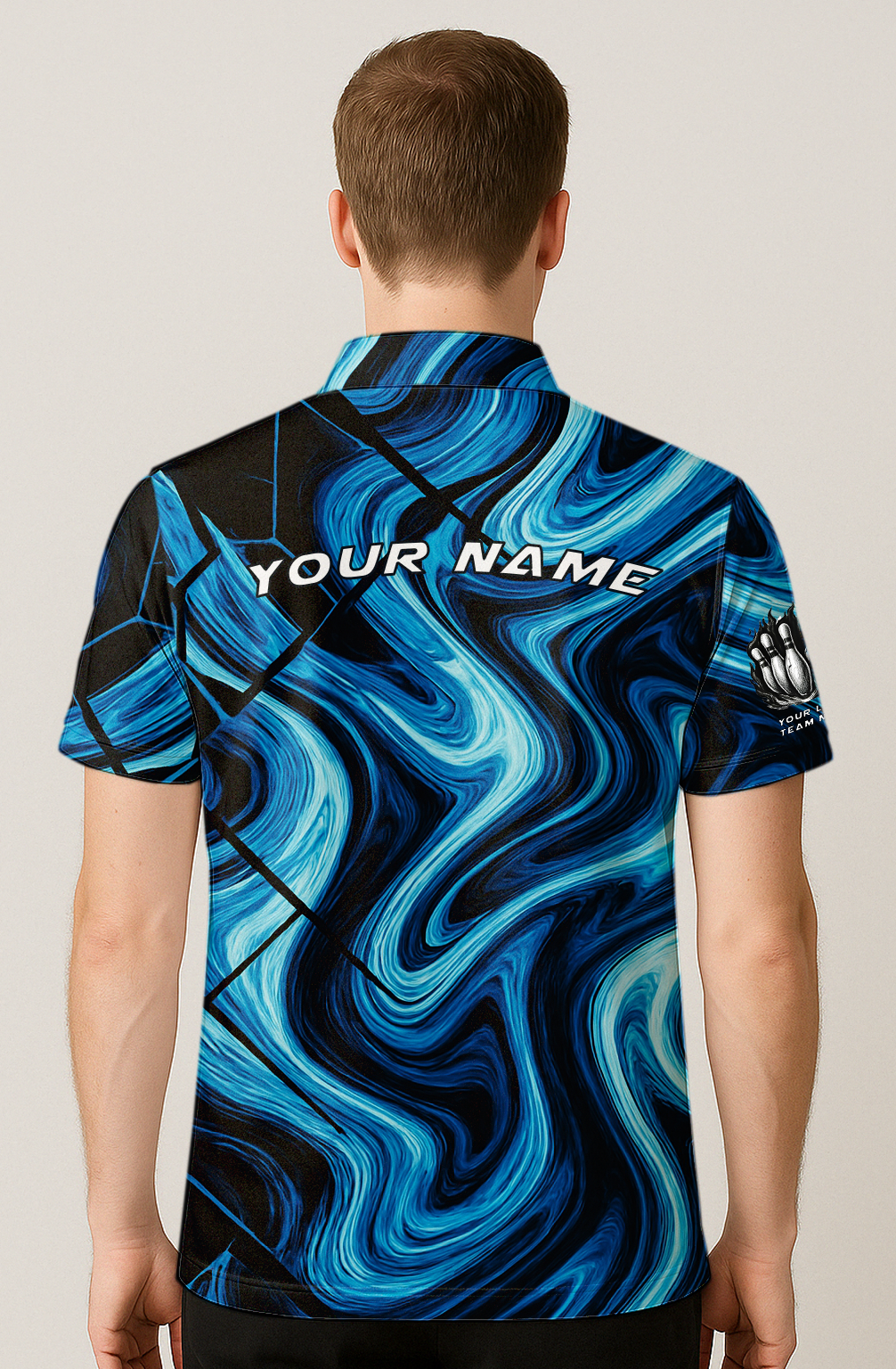 Swirling Azure Crackled Grid Bowling Jersey