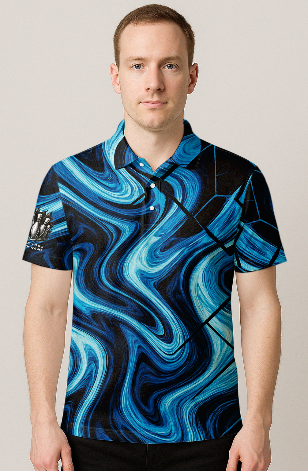 Swirling Azure Crackled Grid Bowling Jersey