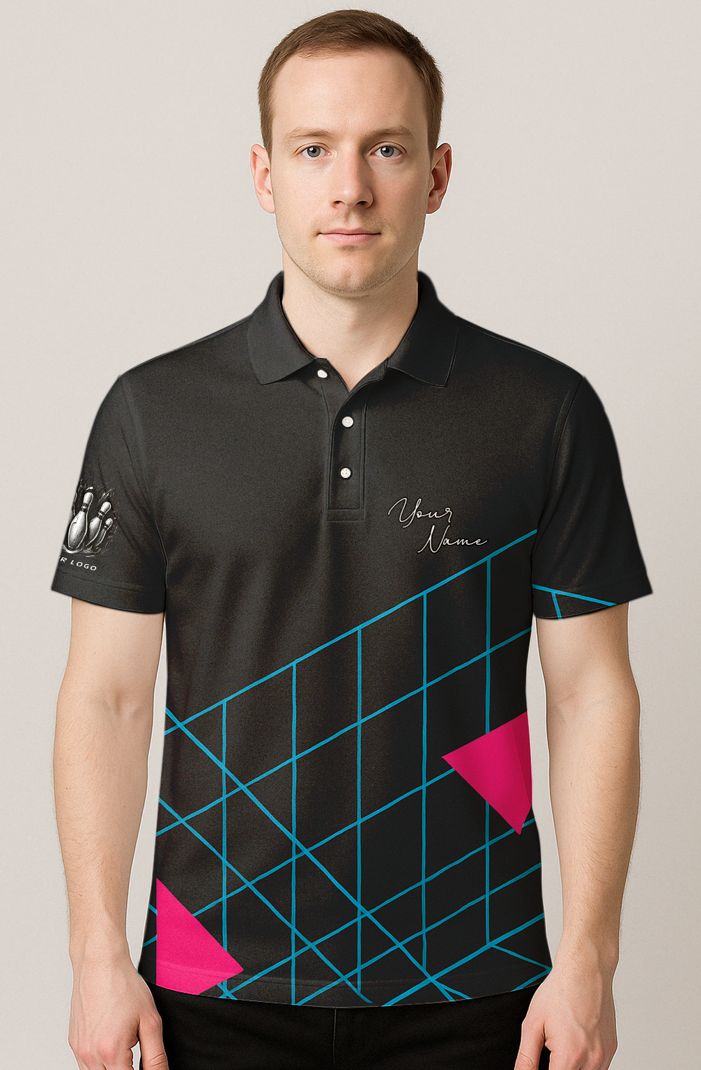 Neon Grid Pink Triangles Bowling Jersey