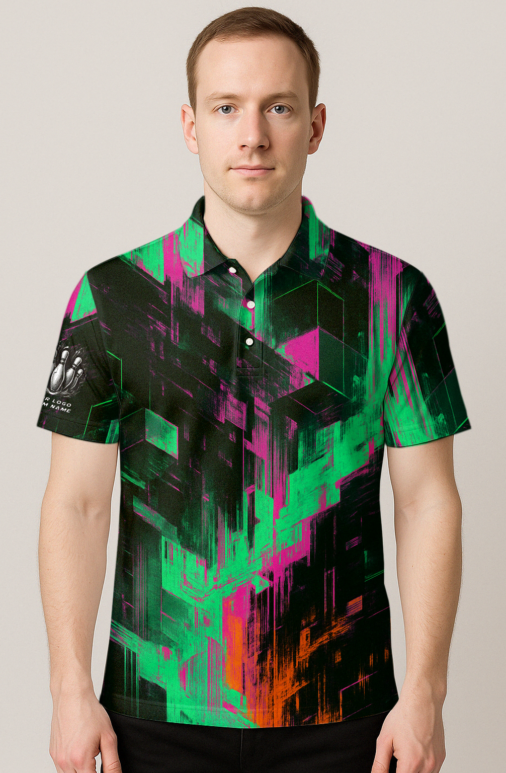 Neon Glitch Geometric Cubes Bowling Jersey