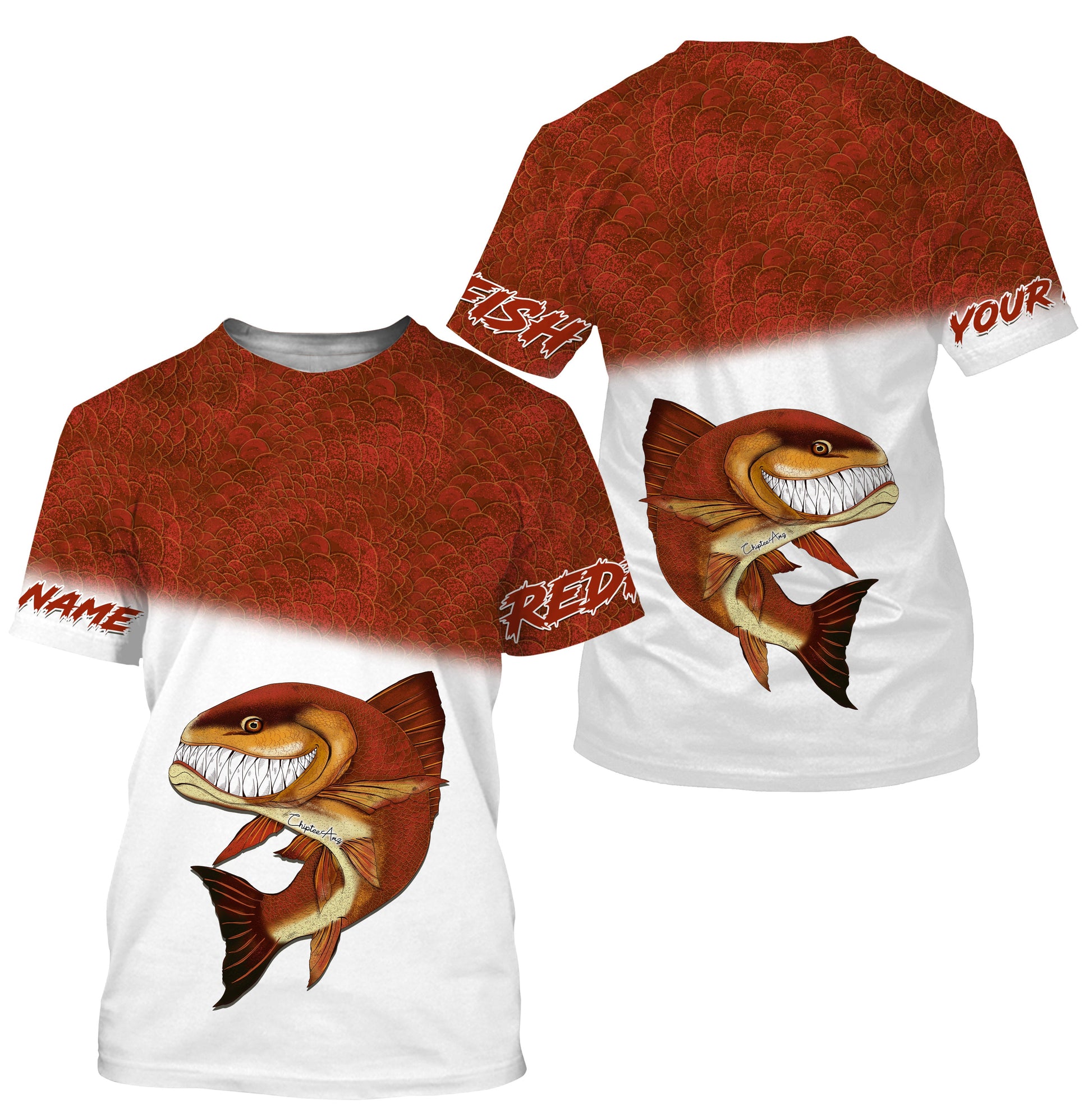 Redfish fishing custom name with angry Redfish ChipteeAmz's art UV protection AT007