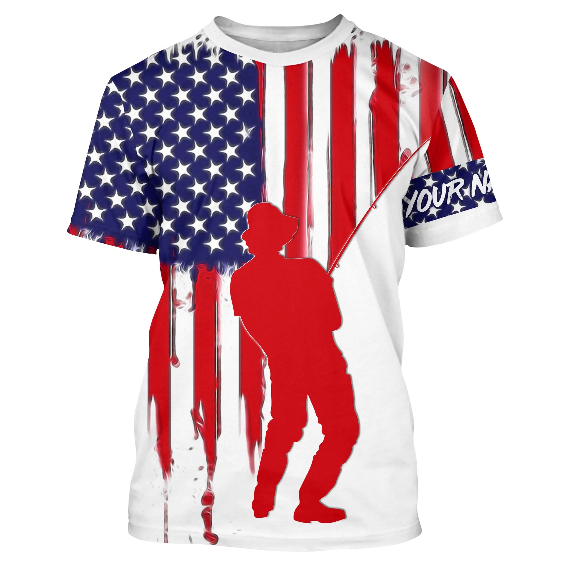 American Flag Fisherman Performance Custom Name Long Sleeves Patriotic Fishing TTN126