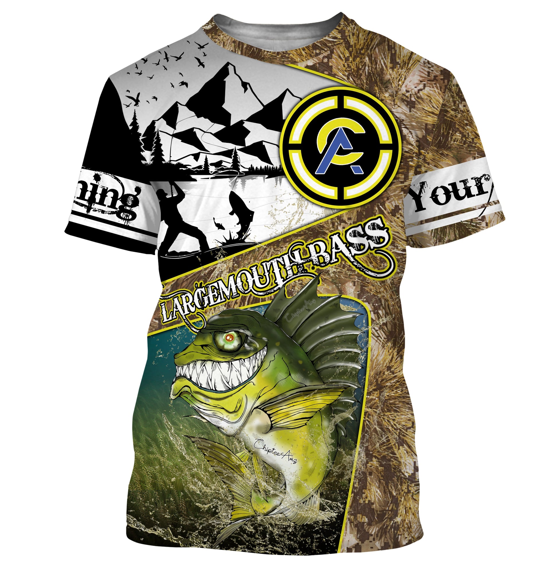 Largemouth Bass fishing camo custom name with funny Bass angry ChipteeAmz's art UV protection AT017