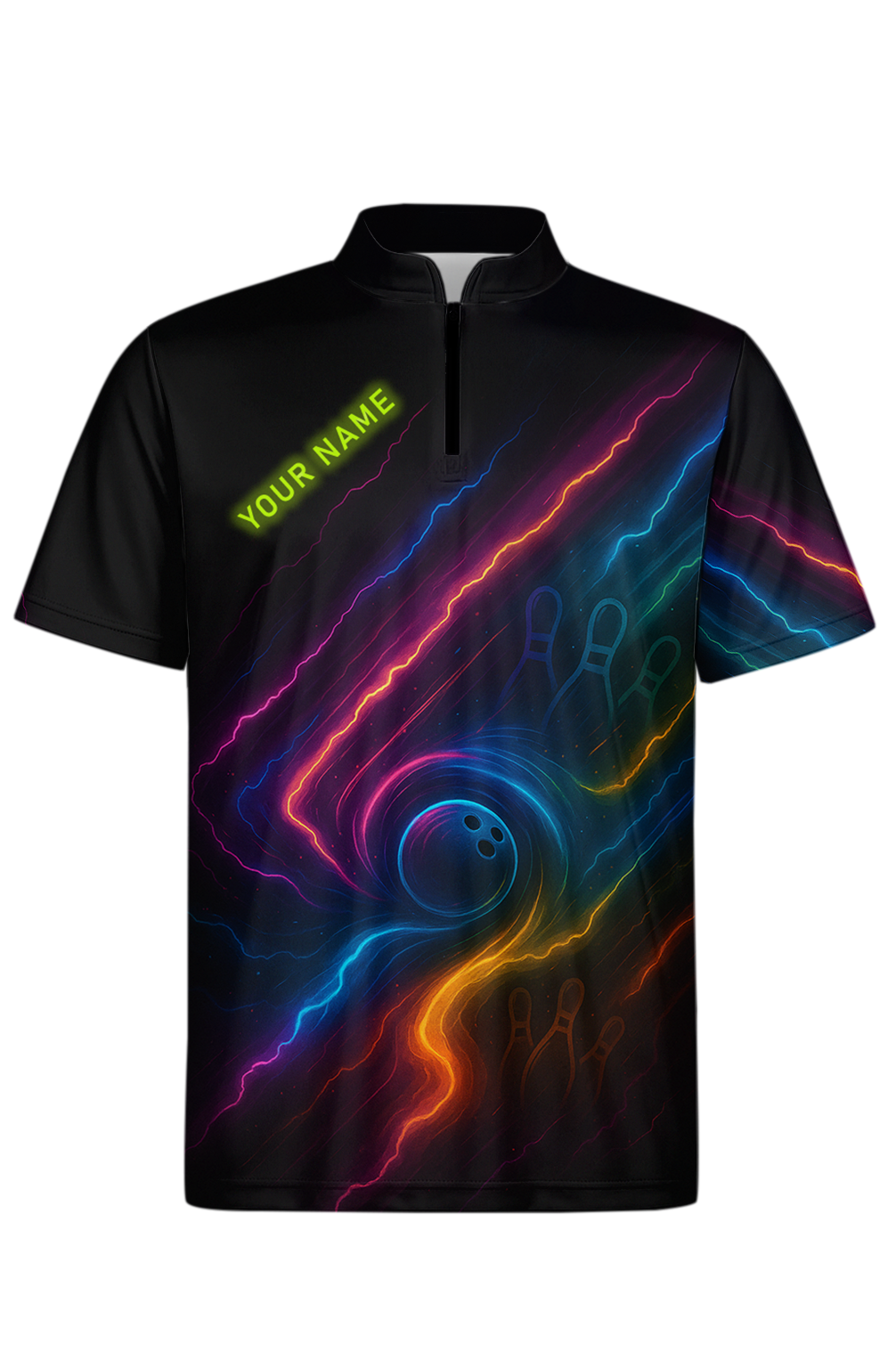 Energetic Neon Vortex Swirl Bowling Jersey