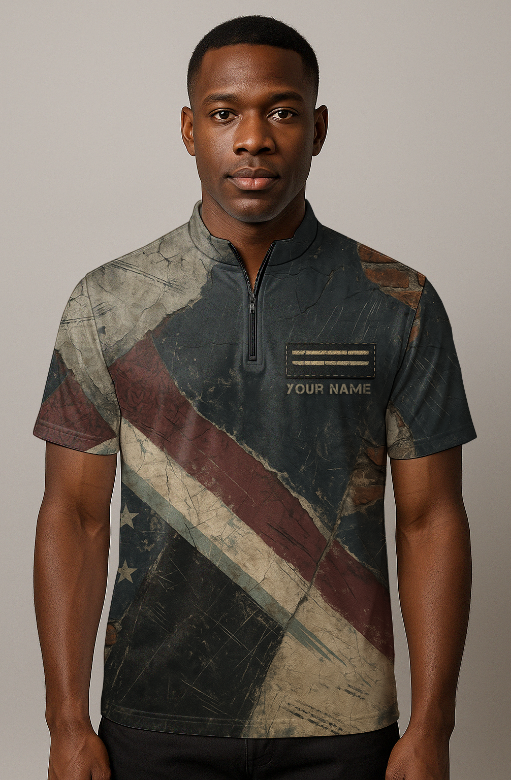 Distressed Vintage Flag Pattern Bowling Jersey