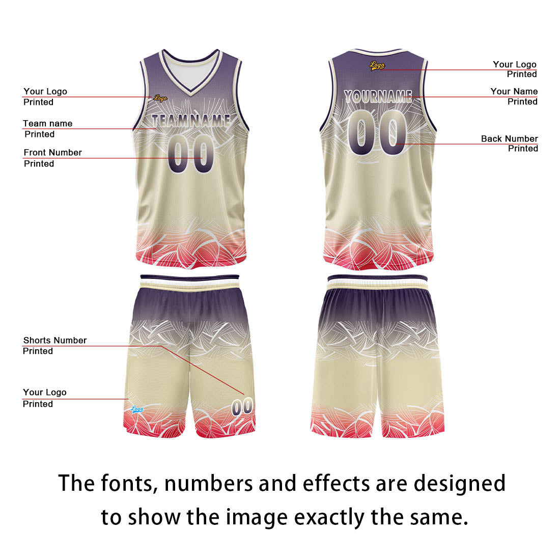 Custom Purple Flesh Color Basketball Jersey Uniform Suit Printed Your Logo Name Number